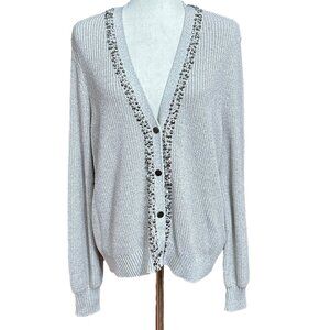 Chico's Cardigan Sweater Size 2 L Warm Gray Jeweled Kint Long Sleeve V Neck